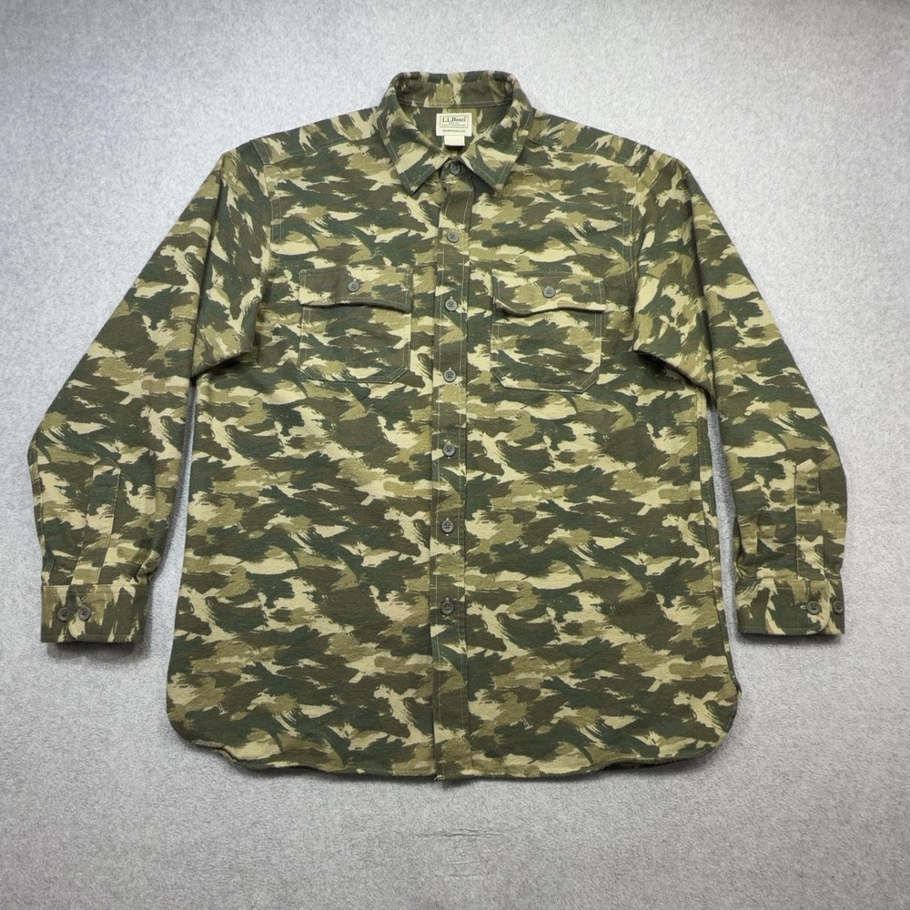 LL Bean Flannel Shirt Mens Large Green Camo Chamois Cloth Long Sleeve Hunting